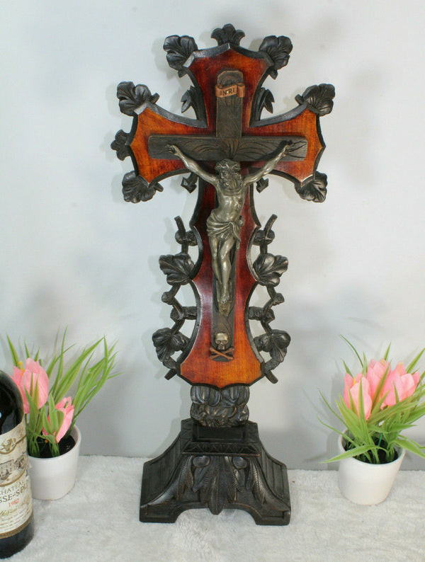 antique French religious wood carved crucifix cross