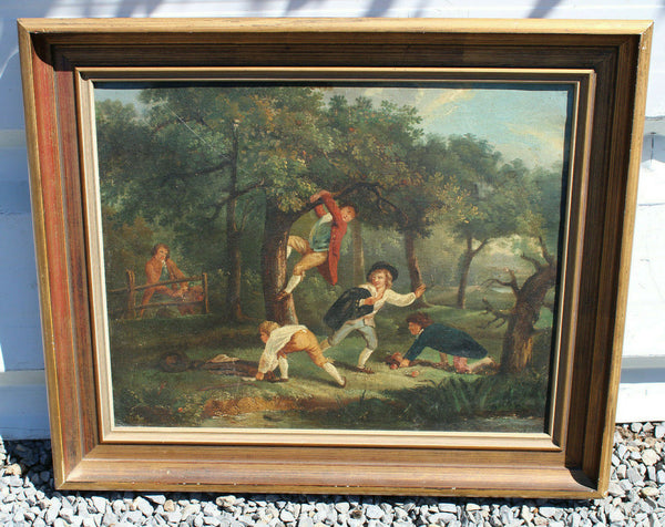 Antique oil canvas painting French naughty boys stealing apples dog