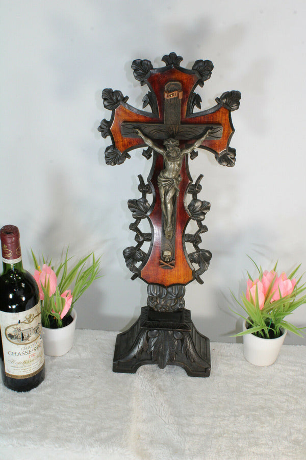 antique French religious wood carved crucifix cross