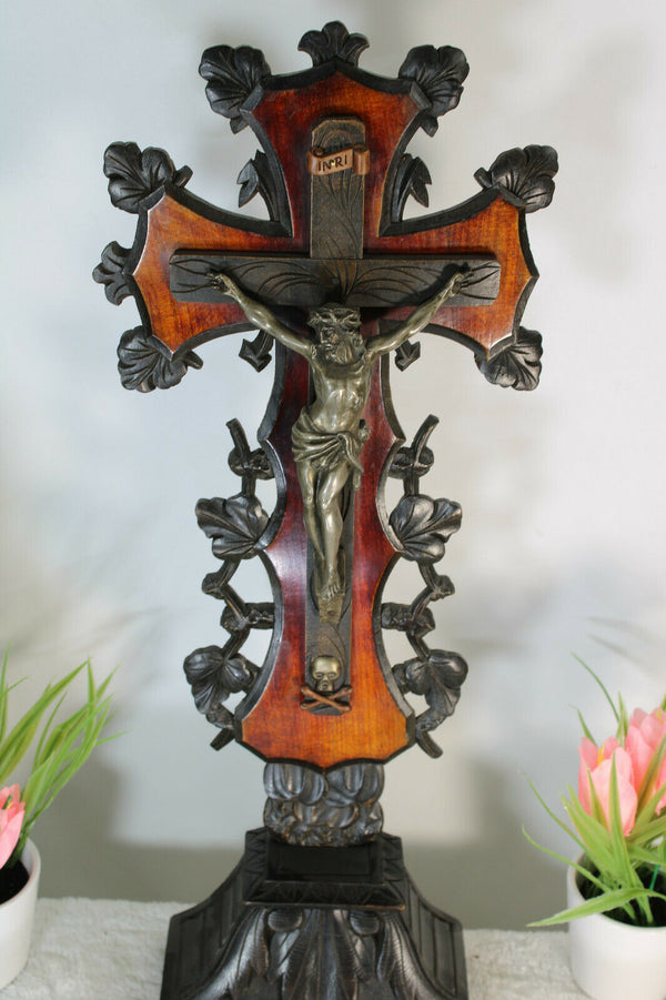 antique French religious wood carved crucifix cross