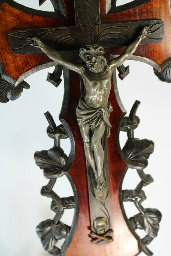 antique French religious wood carved crucifix cross