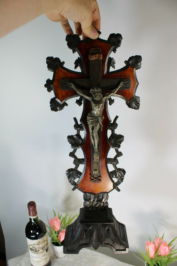 antique French religious wood carved crucifix cross