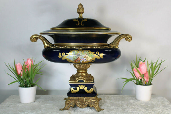 French XL Bronze Limoges porcelain Centerpiece bowl victorian scene