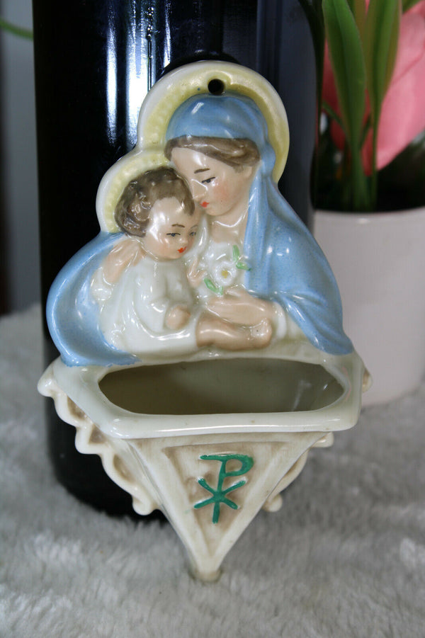 Antique french porcelain MAdonna child pax christi Small holy water font