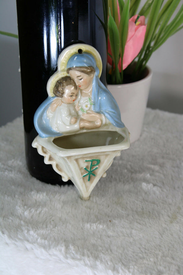 Antique french porcelain MAdonna child pax christi Small holy water font