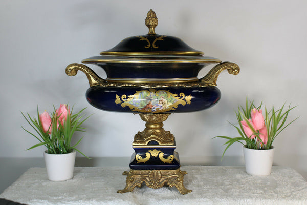 French XL Bronze Limoges porcelain Centerpiece bowl victorian scene