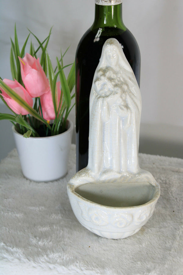 Antique SAint Rita Faience Signed holy water font religious