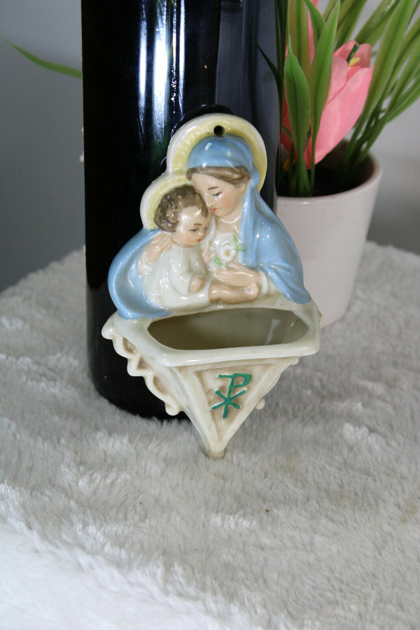 Antique french porcelain MAdonna child pax christi Small holy water font