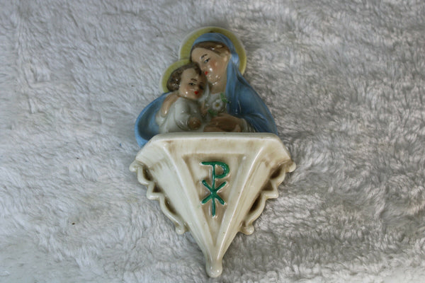 Antique french porcelain MAdonna child pax christi Small holy water font