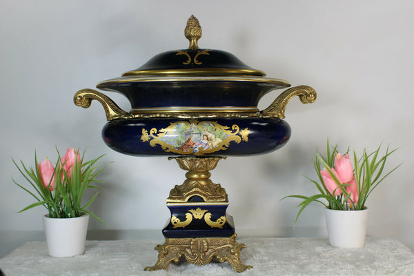 French XL Bronze Limoges porcelain Centerpiece bowl victorian scene