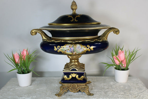 French XL Bronze Limoges porcelain Centerpiece bowl victorian scene