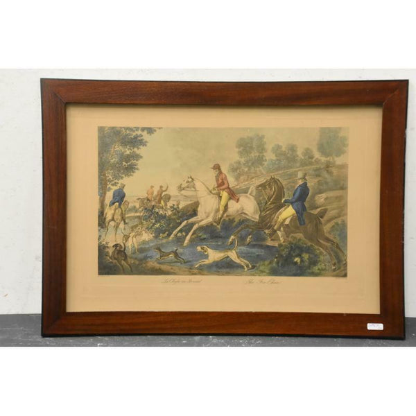 PAIR Antique CARLE VERNET hunting horse dogs coloured Lithograph framed