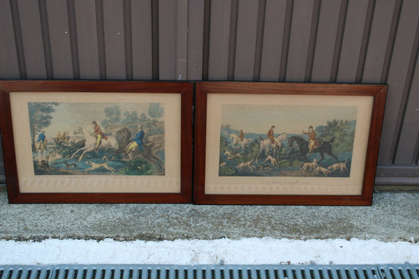 PAIR Antique CARLE VERNET hunting horse dogs coloured Lithograph framed