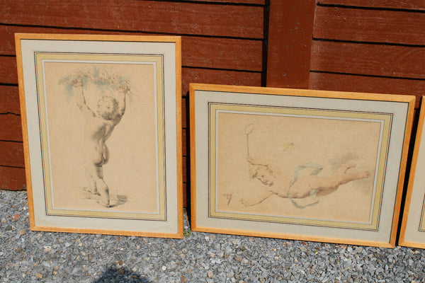 5 Top antique hand coloured Engravings E Meyer 1892 framed angel cherubs