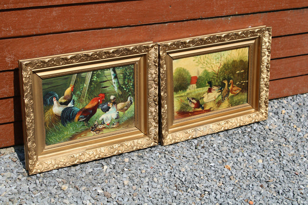 PAIR Flemish school oil panel animal chicken duck Painting signed