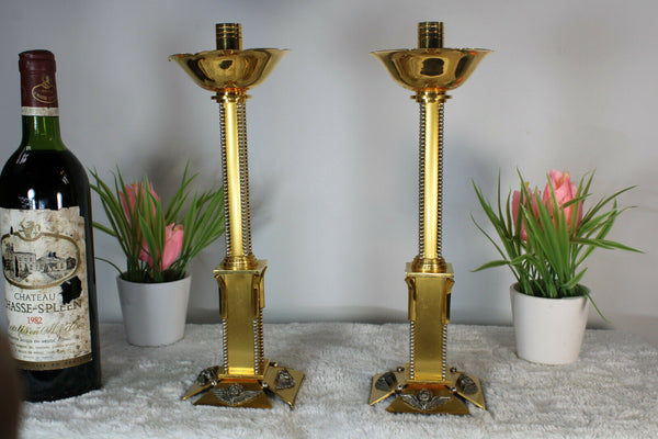 Vintage PAIR church altar brass metal candelabras putti angels 1960