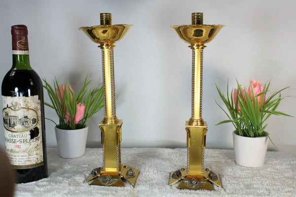 Vintage PAIR church altar brass metal candelabras putti angels 1960