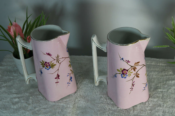 pair antique Signed Mouzin lecat nimy 1900 porcelain pitcher ewer vase butterfly