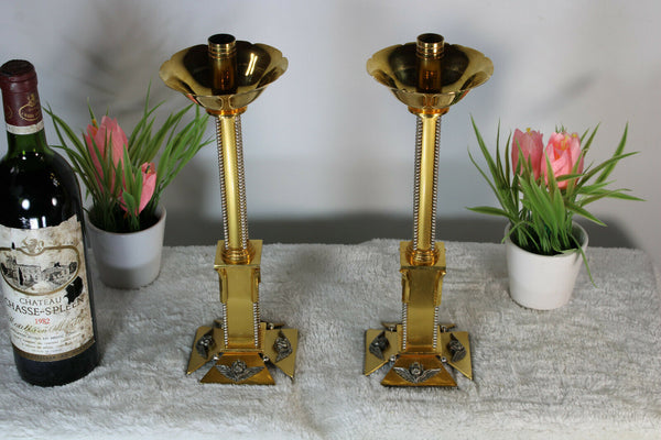 Vintage PAIR church altar brass metal candelabras putti angels 1960