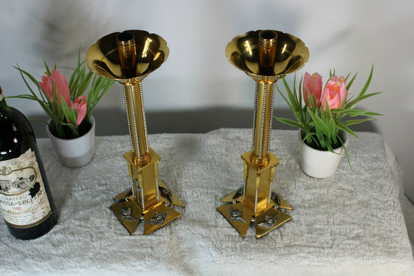 Vintage PAIR church altar brass metal candelabras putti angels 1960