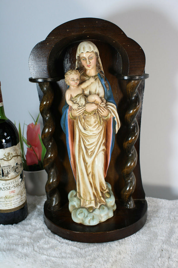 Antique Wood carved chapel chalkware madonna statue signed Guelfi religious