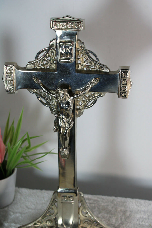 Antique Belgian spelter Crucifix Art deco cross religious