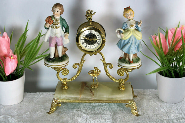 Vintage 1970 Porcelain figurine Brass cherub putti lion paw table clock