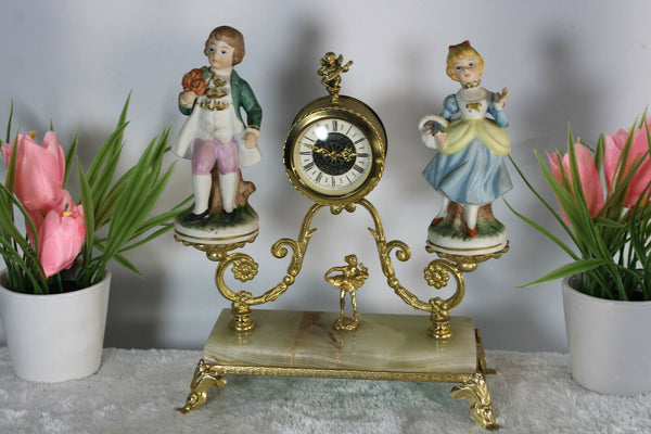 Vintage 1970 Porcelain figurine Brass cherub putti lion paw table clock