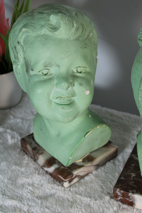 Set 3 art deco Chalkware marble base Children bust portrait statue