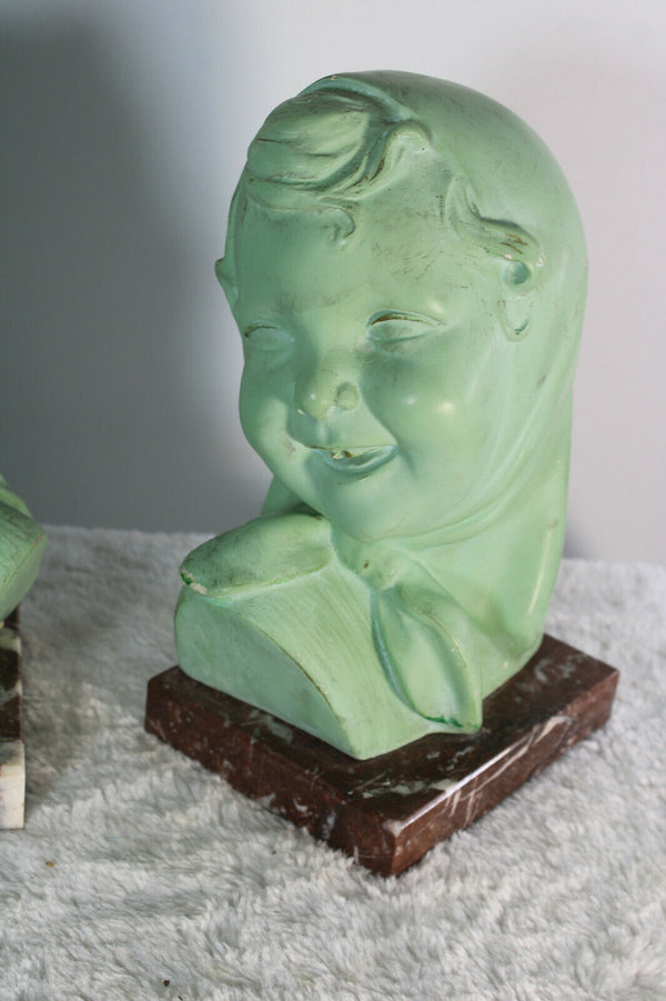 Set 3 art deco Chalkware marble base Children bust portrait statue