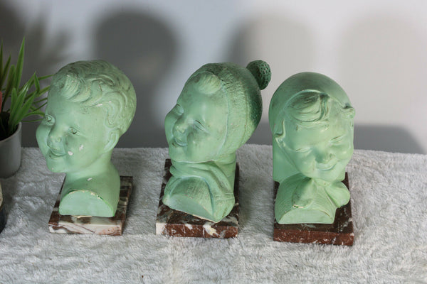 Set 3 art deco Chalkware marble base Children bust portrait statue