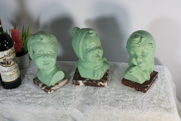 Set 3 art deco Chalkware marble base Children bust portrait statue