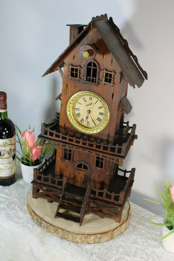 Antique French folk art handmade wood carved mantel clock house rare