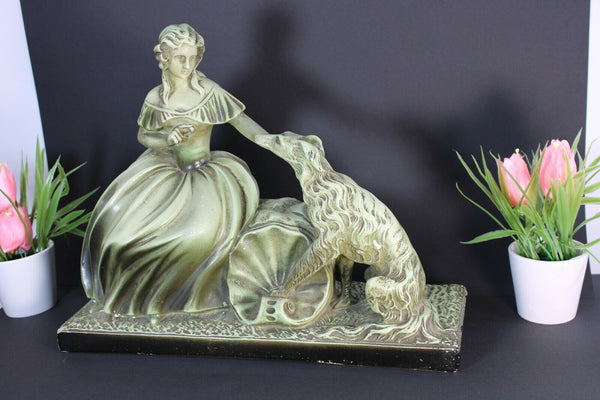 Antique french art deco chalkware statue sculpture lady dog