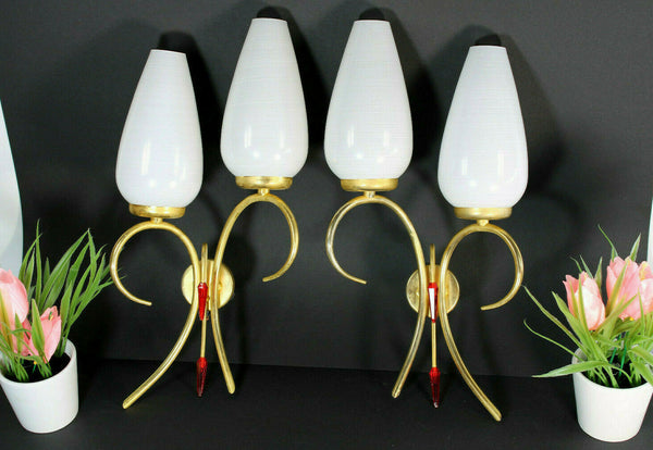 PAIR mid century retro maison lunel wall lights sconces opaline glass