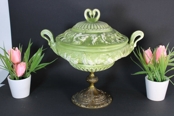Vintage italian porcelain bisque Centerpiece lidded bowl romantic scenes swan