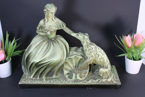 Antique french art deco chalkware statue sculpture lady dog