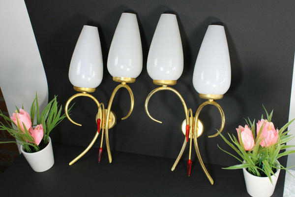 PAIR mid century retro maison lunel wall lights sconces opaline glass