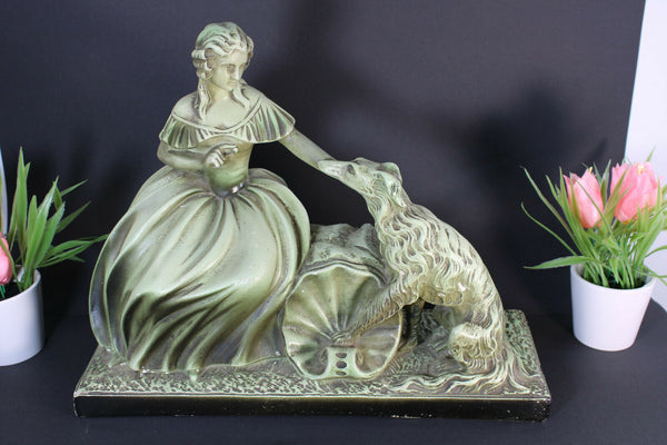 Antique french art deco chalkware statue sculpture lady dog