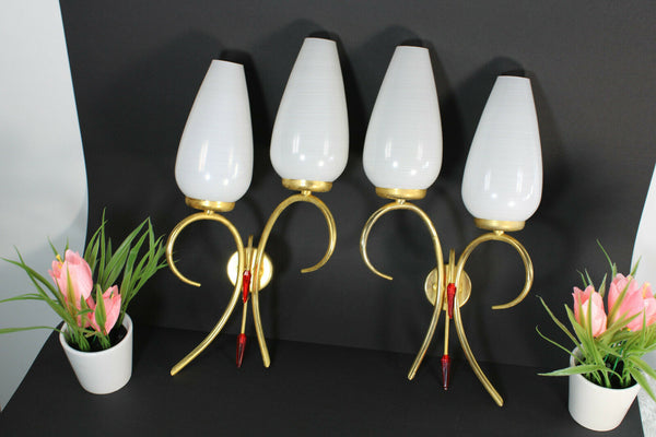 PAIR mid century retro maison lunel wall lights sconces opaline glass