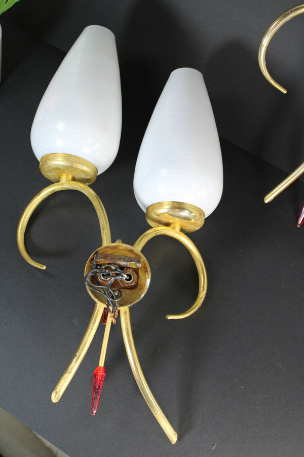 PAIR mid century retro maison lunel wall lights sconces opaline glass