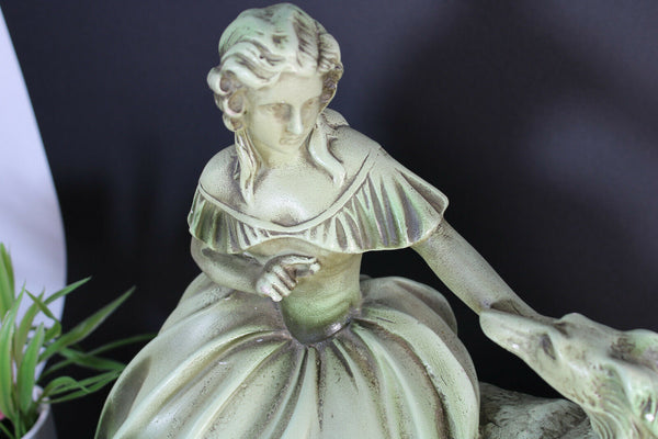 Antique french art deco chalkware statue sculpture lady dog