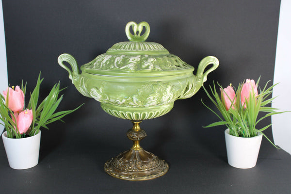 Vintage italian porcelain bisque Centerpiece lidded bowl romantic scenes swan