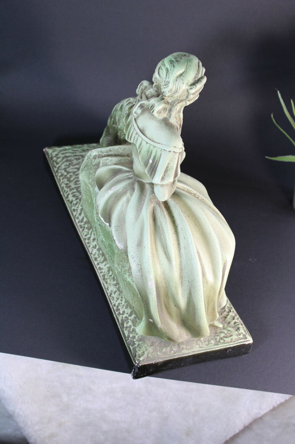 Antique french art deco chalkware statue sculpture lady dog