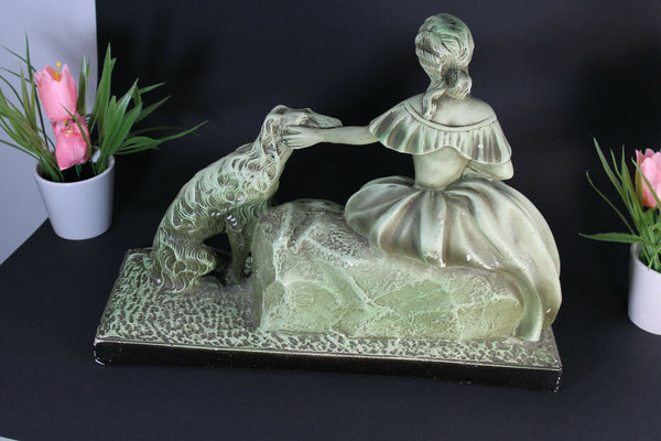 Antique french art deco chalkware statue sculpture lady dog