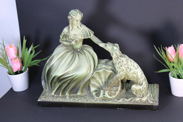 Antique french art deco chalkware statue sculpture lady dog