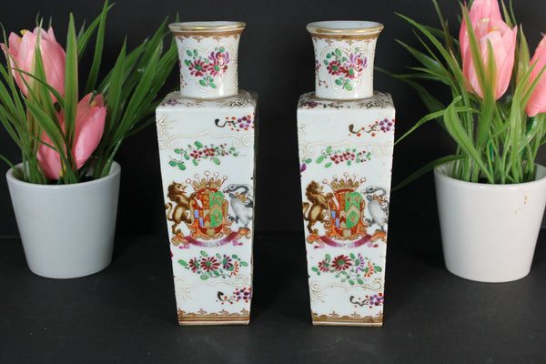 Antique pair edme samson porcelain marked Small vases escutcheon lion shield