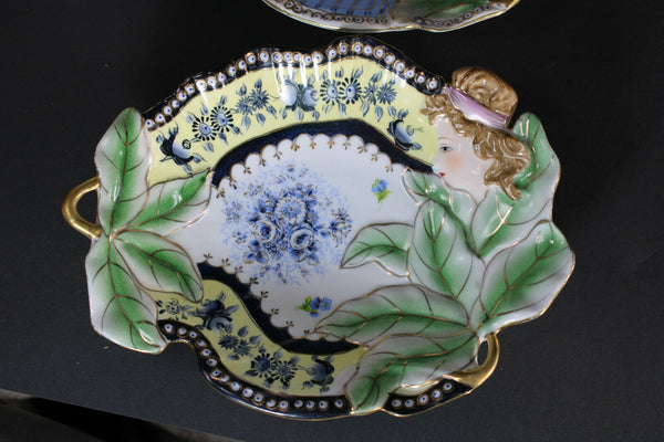 PAIR vintage porcelain bide poch trays art nouveau lady portrait mucha