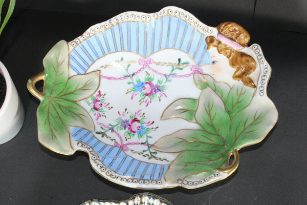 PAIR vintage porcelain bide poch trays art nouveau lady portrait mucha