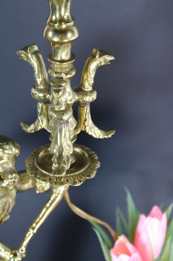 French Vintage 1960 Bronze putti cherub phoenix bird table lamp